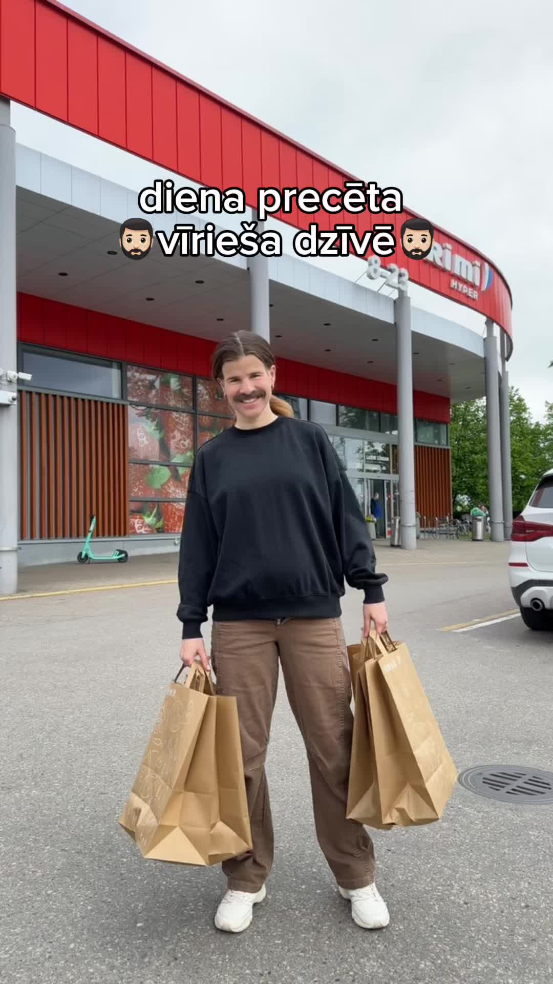 TikTok post by @sendijago for Rimi Latvija. Caption reads: 🌈karlsoniem 1+1 @Rimi Latvija vai....