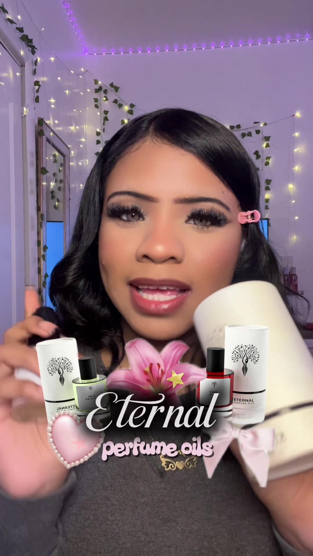TikTok post by @xoonicole for Eternal Perfume Oils. Caption reads: pink flirt & pink jasmine🍦🌸✨ @Eternal Perfume....