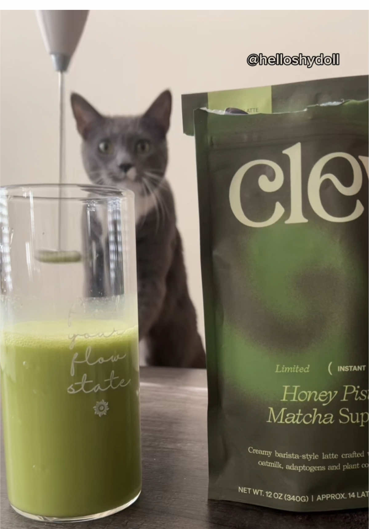 TikTok post by @helloshydoll for Clevr Blends. Caption reads: @Clevr combined my favs: pistachio and matcha!....