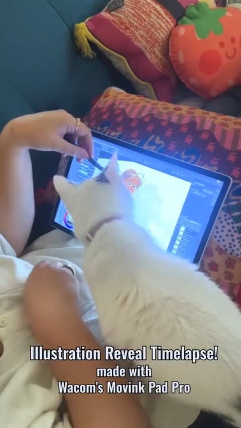 Instagram post by @gabbyzapata for Wacom. Caption reads: Cozy couch. Happy tunes. Cat cuddles.⁣
And....