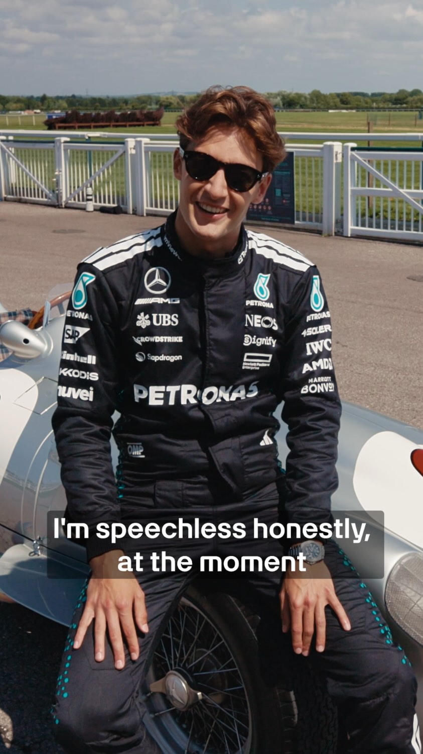 Instagram post by @mercedesamgf1 for Mercedes-benz. Caption reads: Driving the W196 = Speechless. A day George will....
