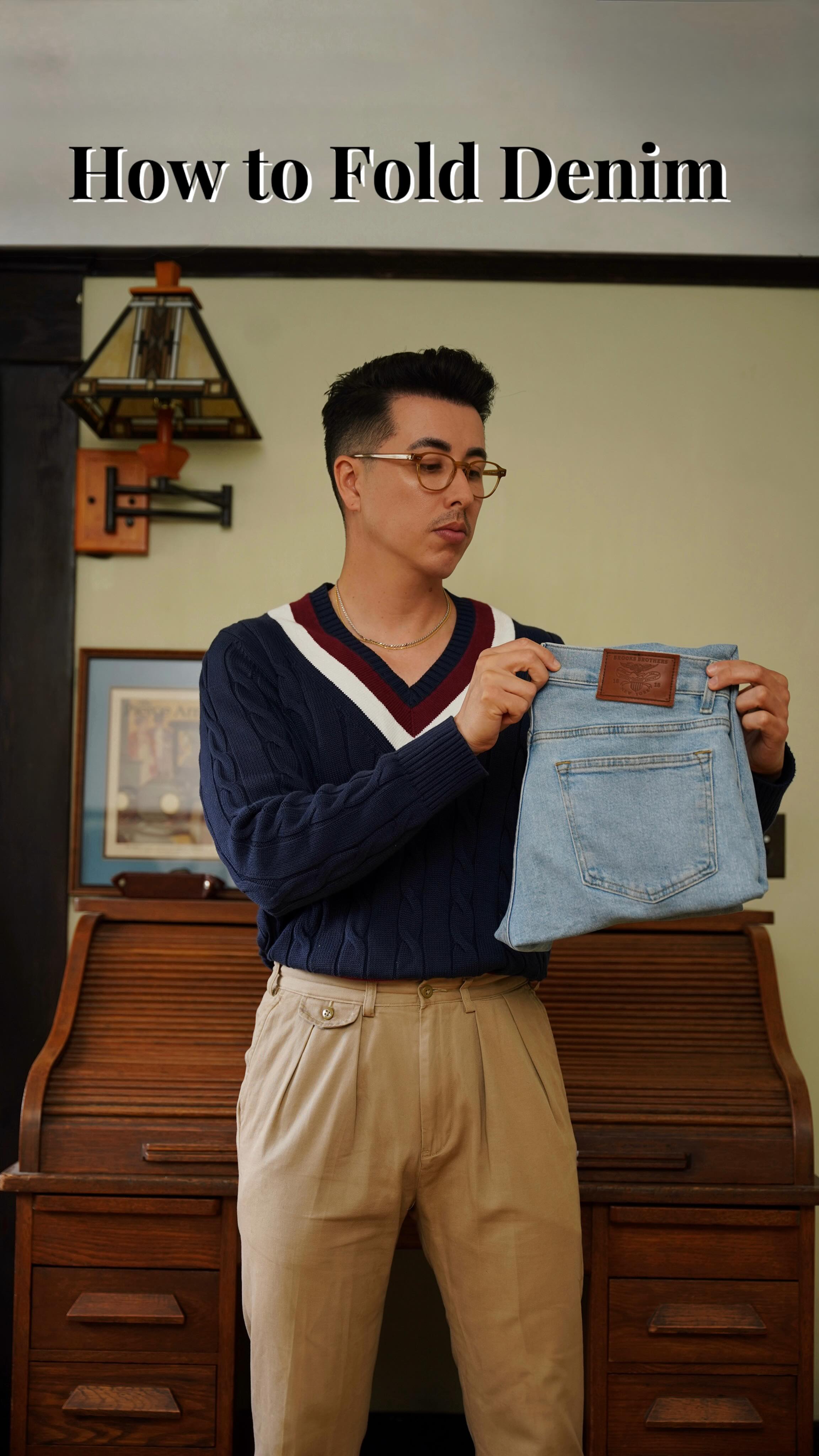 Instagram post by @blakescott for Brooks Brothers. Caption reads: How to fold your denim. 

#menstyletips #styletips....