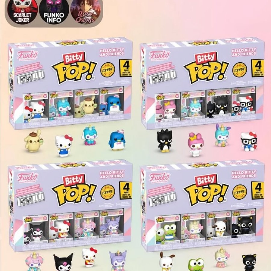 Instagram post by @funkopopsnews for Sanrio. Caption reads: First look! Sanrio Bitty POPs! With Hello Kitty....