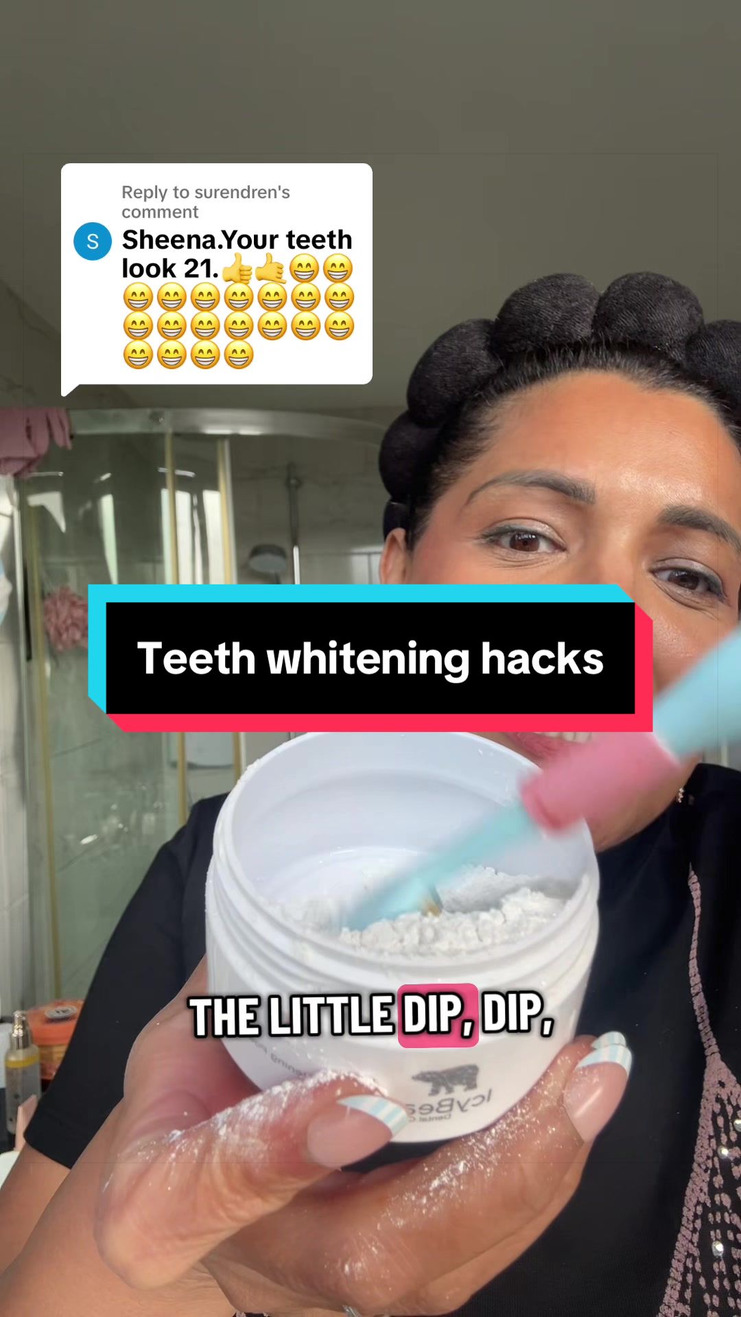 TikTok post by @sheena.tiktok76 for Icy Bear Dental. Caption reads: Replying to @surendren These best teeth whitening....