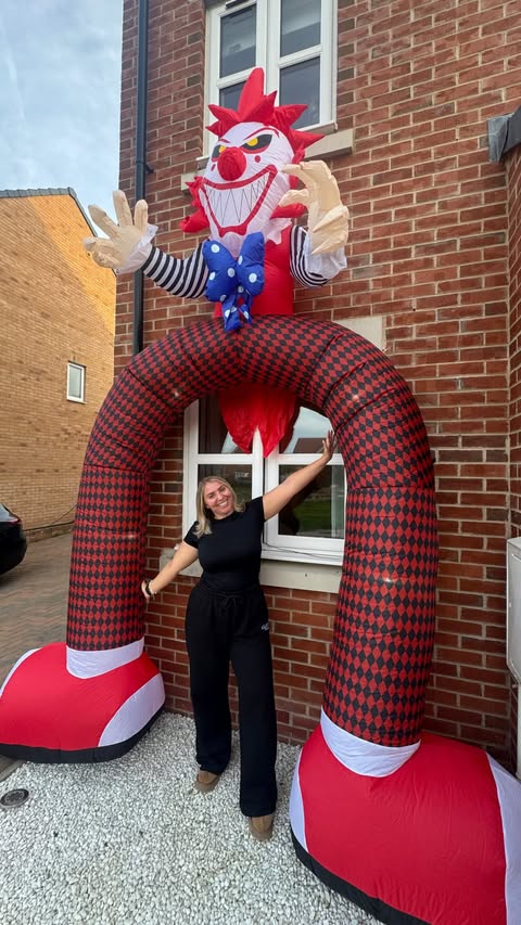 Instagram post by @athomewithkirsty_ for The Range. Caption reads: [...] Clown Inflatable Arch today at @therangeuk &....