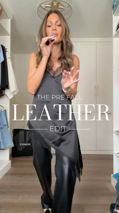 Instagram post by @zee_styledit for EXPRESS. Caption reads: [...] and apparently, we’re wearing leather🤎....