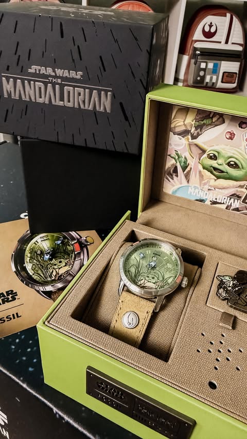 Instagram post by @jeansversion for Fossil. Caption reads: Thanks @fossil for gifting me the new Grogu watch....
