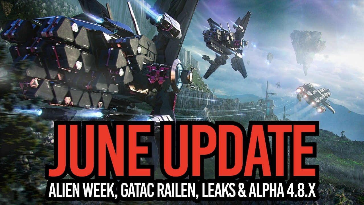 YouTube post by @BoredGamerUK for Thrustmaster. Caption reads: Star Citizen June Update - Alpha 4.8.x Incoming,....