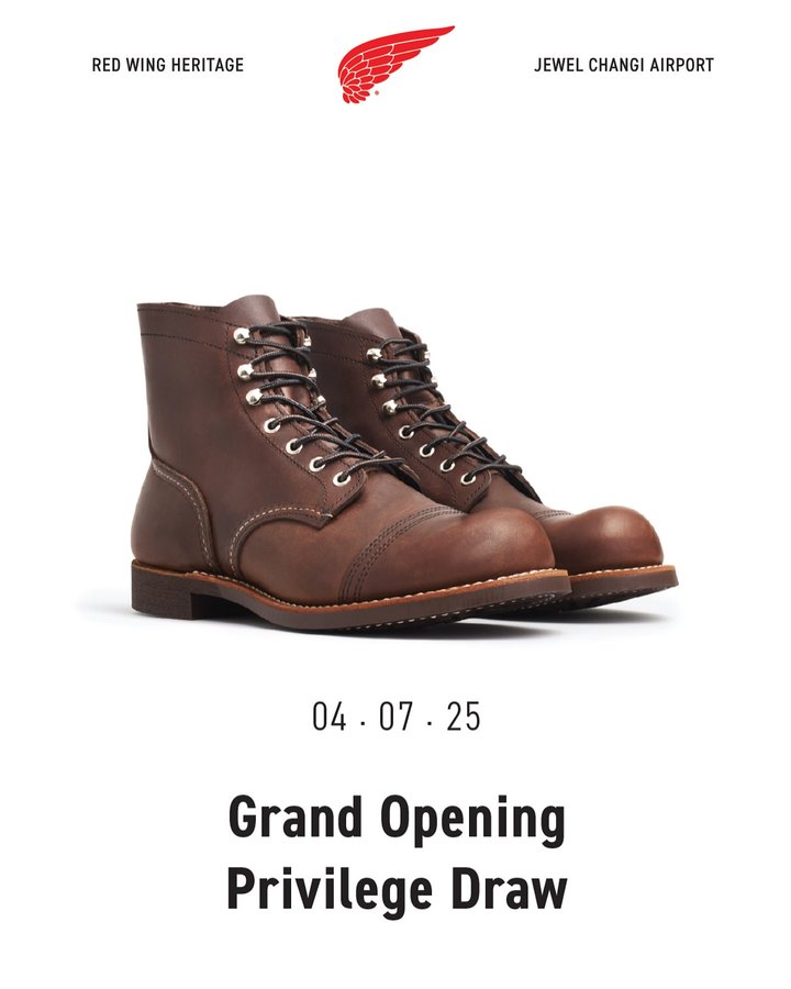 Instagram post by @redwingheritage_sg for Red Wing Heritage. Caption reads: Red Wing Heritage Grand Opening Privilege Draw Win....