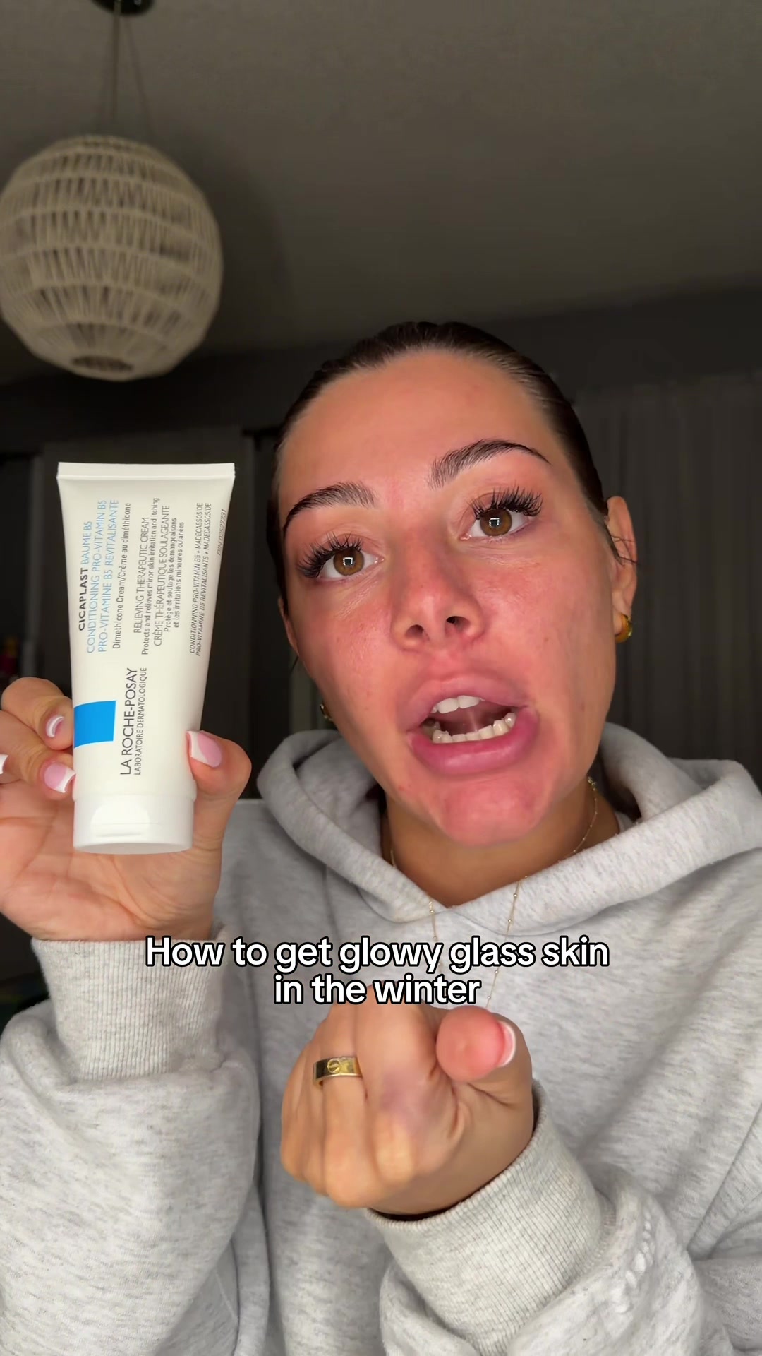 TikTok post by @izzysantulli for La Roche-Posay. Caption reads: THIS is how you keep your glowy skin in the dry....