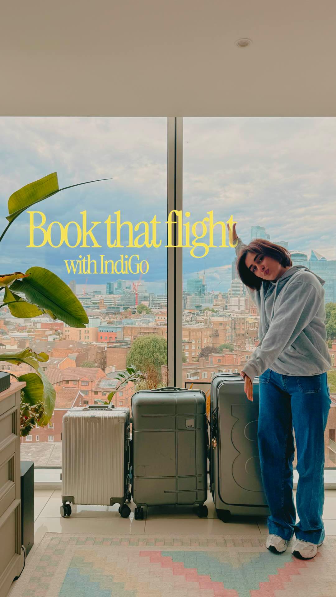 Instagram post by @hustlerani for IndiGo. Caption reads: [...] lol bye! Book your next flight with....