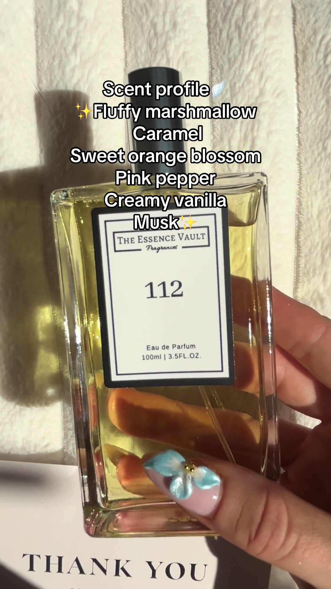 TikTok post by @charliealana_ for The Essence Vault. Caption reads: [...] #vanillaperfume #xyzcba #xyzabc @The Essence....