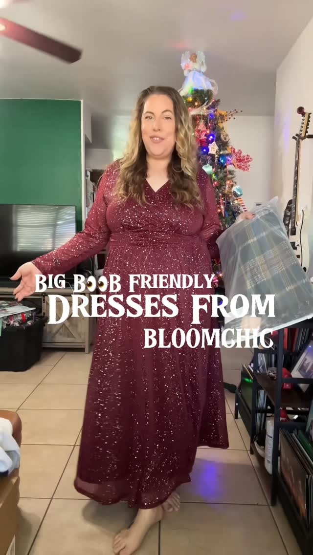 Instagram post by @nikkib_unfiltered for BloomChic. Caption reads: Bust-Friendly Party Dress You Need This....