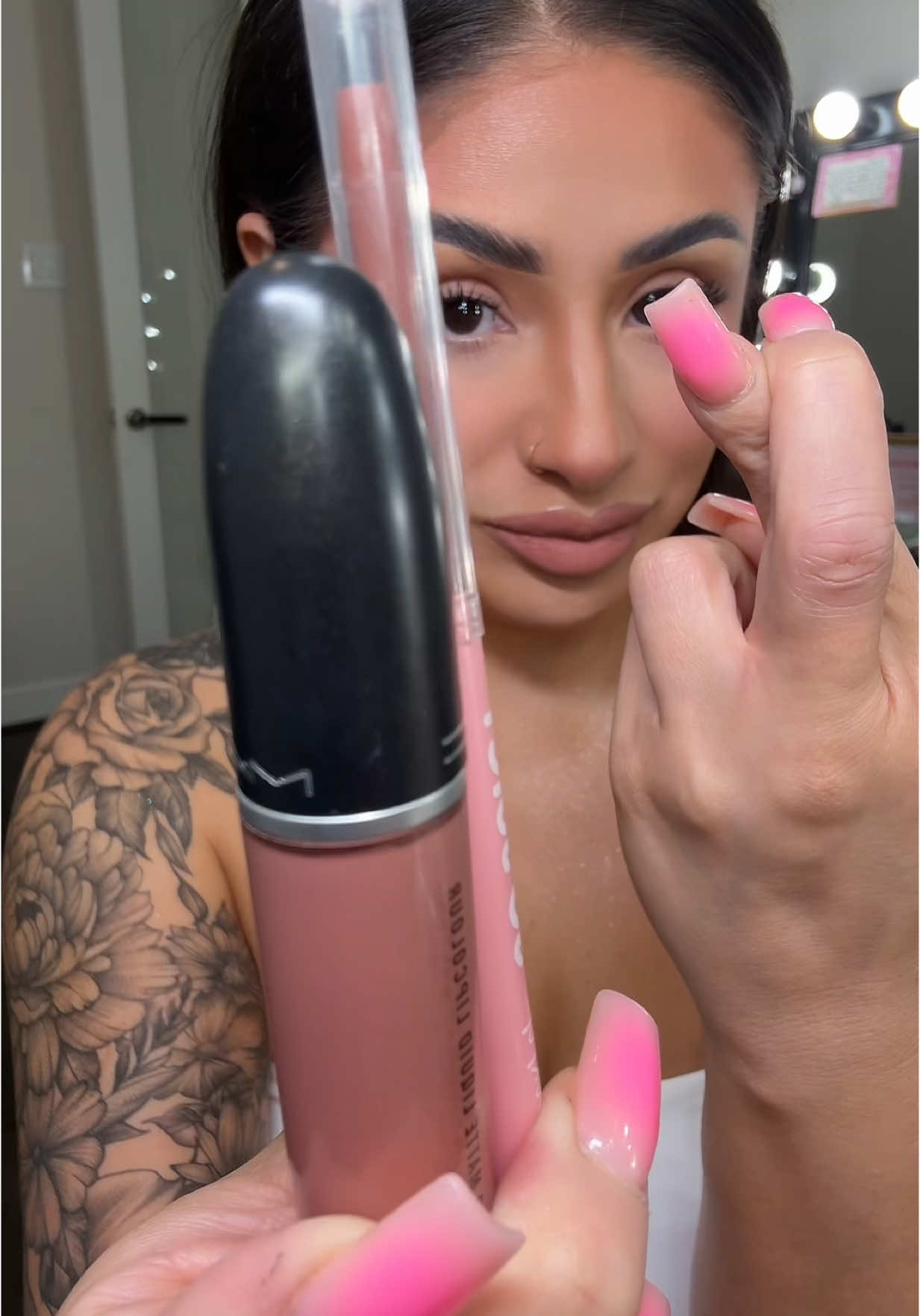 TikTok post by @nicolettelifts for maccosmetics. Caption reads: These two lip products 💕🤞🏼 @maccosmetics....