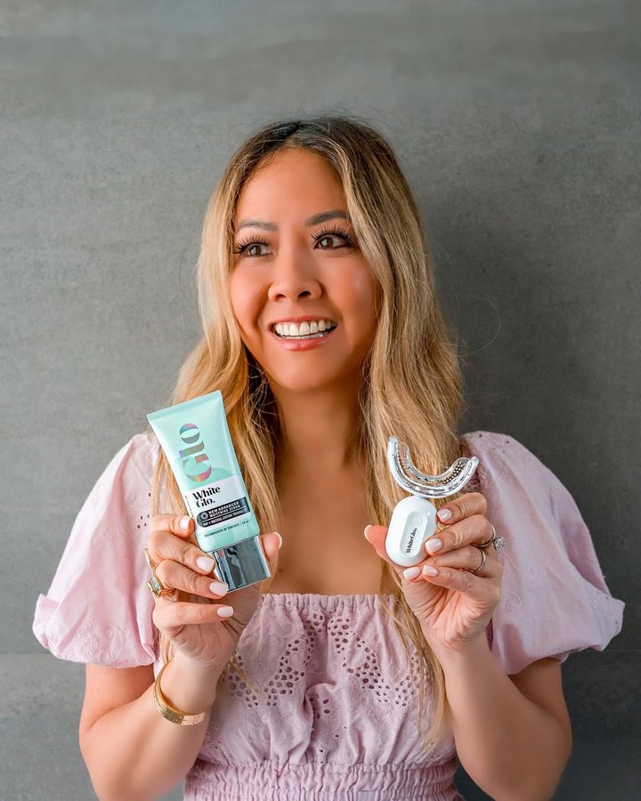 Instagram post by @love.christina.xo for White Glo. Caption reads: My outfits never feel complete without a confident....