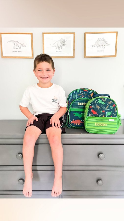 Instagram post by @courtney_sherrill_ for Personalization Mall. Caption reads: #ad Holden is ready for Kindergarten with....