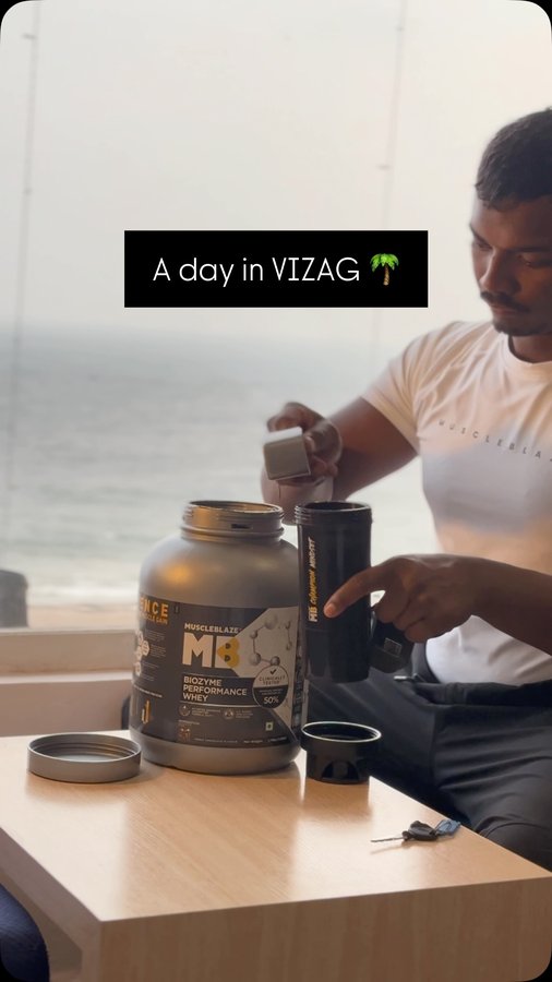 Instagram post by @_surya_official_27 for MuscleBlaze. Caption reads: Mess guy in VIZAG 🌴💀
.
.
.
.
.
.
@muscleblaze....