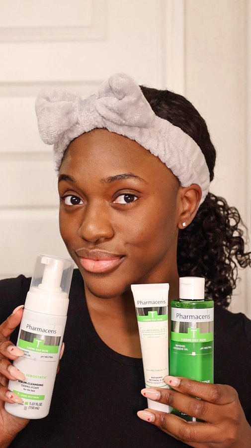 Instagram post by @its.stephj for Pharmaceris. Caption reads: Glowing skin starts with the right routine—and....