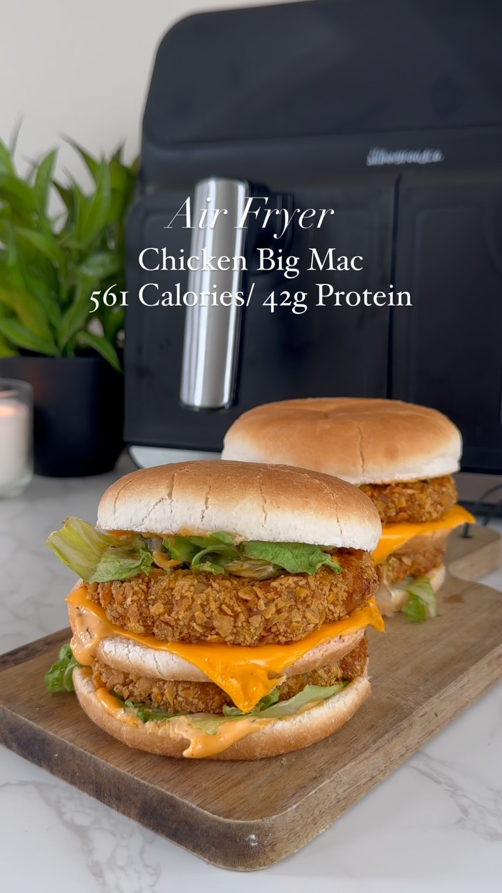 Instagram post by @slimming.gym.and.gin for The Skinny Food Co. Caption reads: Recipe in caption ⬇️ Air Fryer Chicken Big Mac....