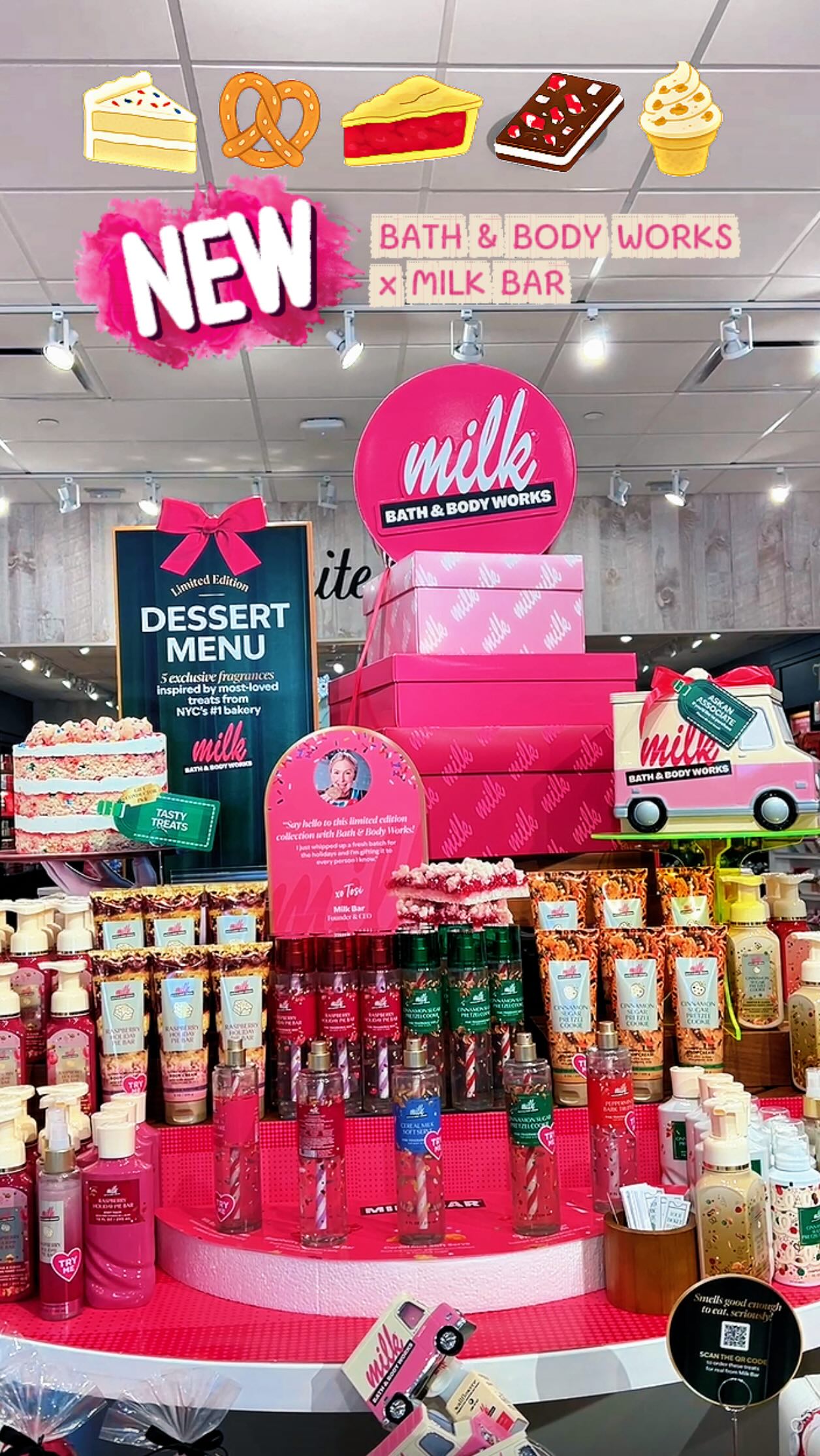 Instagram post by @reags.reviews for Milk Bar. Caption reads: @bathandbodyworks x @milkbarstore 🧴✨🍰 The collab....