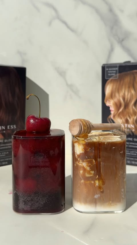 Instagram post by @estherscafe_ for Kristin Ess Hair. Caption reads: [...] 🍒🥤 Honey Latte 🍯☕️ inspired by....