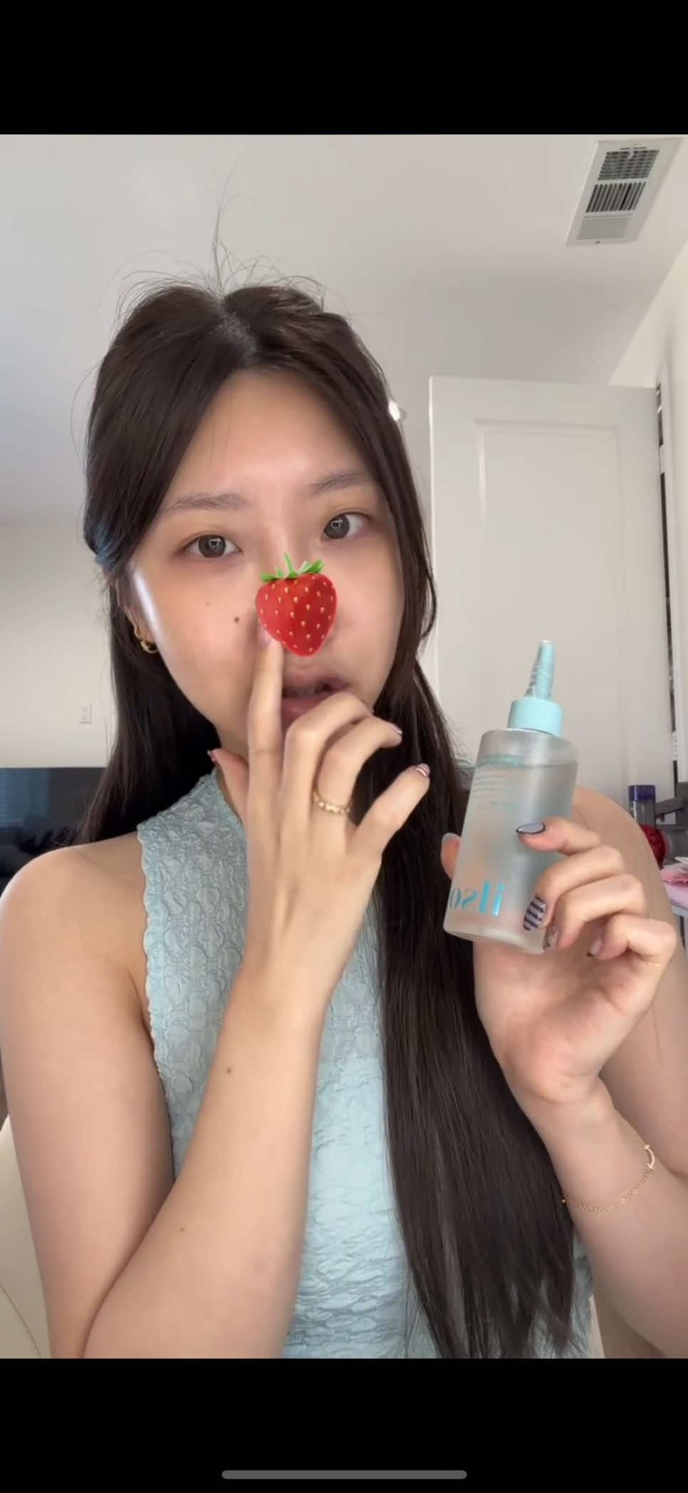 TikTok post by @yce.oj for OLIVE YOUNG. Caption reads: no 🍓👃here!!  Available on @OLIVE YOUNG Global ....