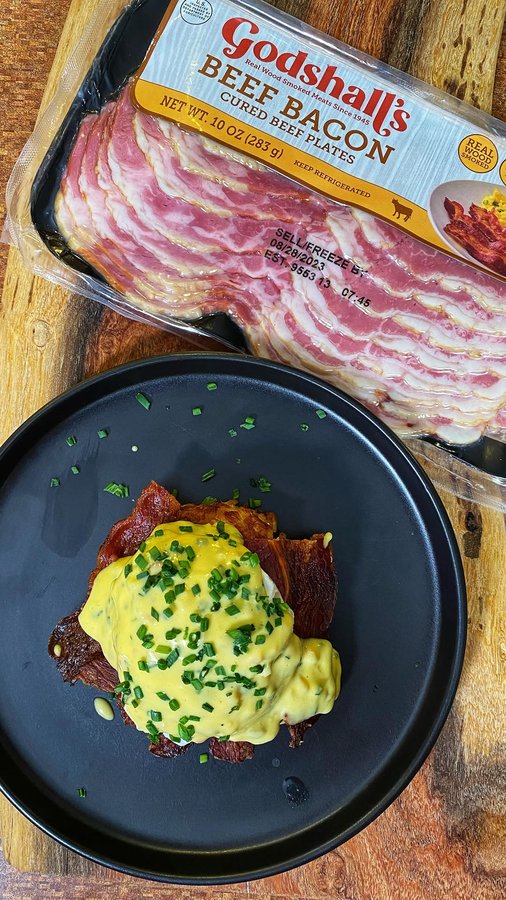 Instagram post by @rafifronz for Godshall's. Caption reads: Surf & Turf Eggs Benedict featuring Godshall’s....