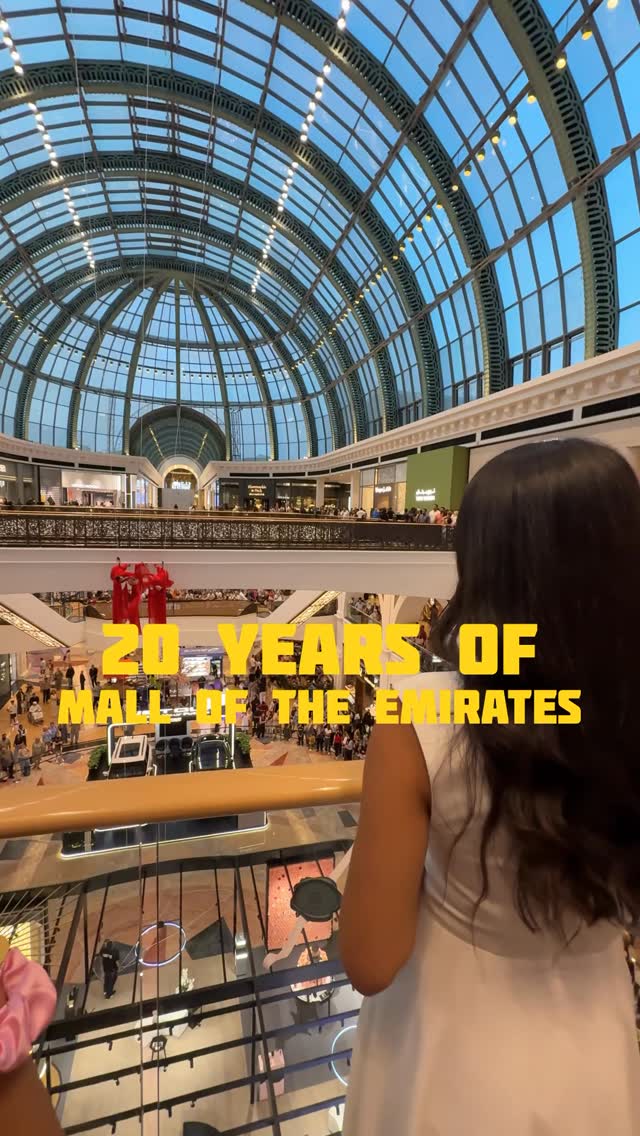 Instagram post by @miraadaoud for Mall of the Emirates. Caption reads: [...] happy 20th anniversary @malloftheemirates....