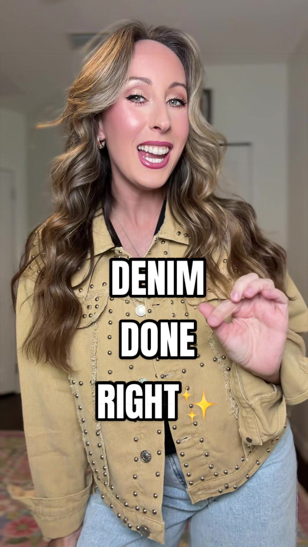 TikTok post by @cady_lundgren for Yeokou. Caption reads: [...] to wear this studded denim jacket.....