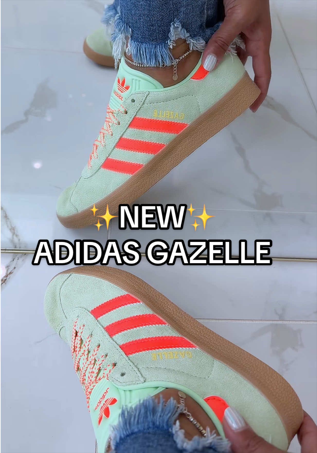 TikTok post by @my.southern.style for SHOEBACCA.COM. Caption reads: The prettiest Adidas Gazelles 🍋‍🟩 #adidas....