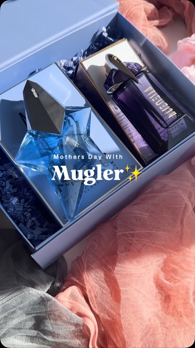 Instagram post by an influencer for Black & White Comms. Caption reads: Mugler✨ I LOVE the house of Mugler fragrances and....