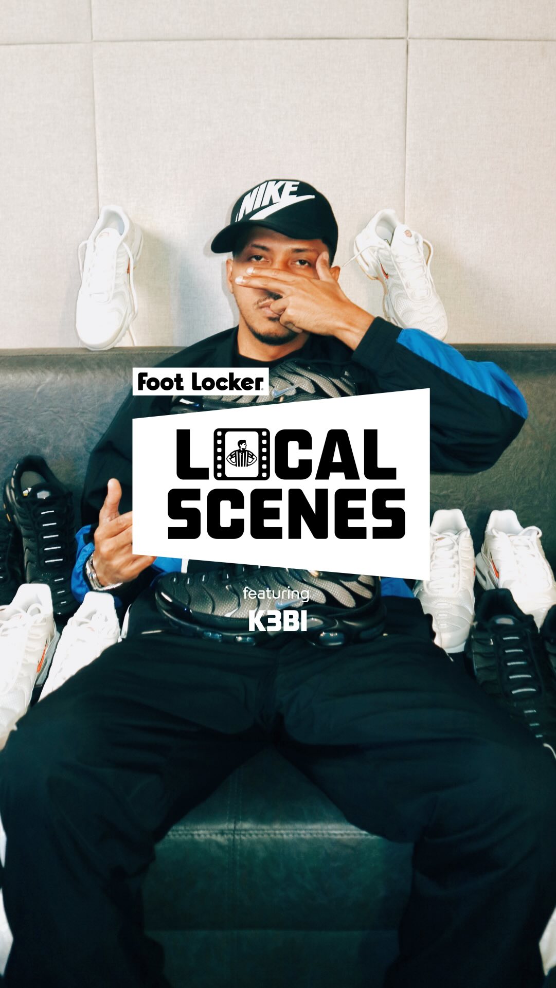 Instagram post by @therealk3bi for Foot Locker. Caption reads: @therealk3bi pulls up on #LocalScenes to talk Nike....