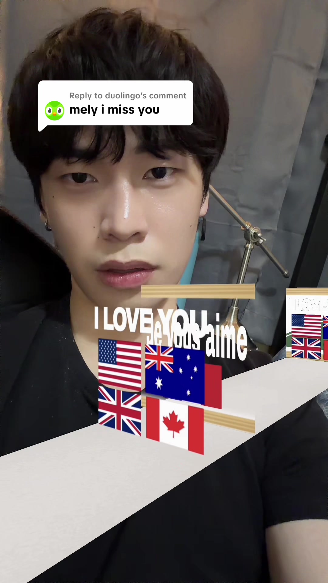 TikTok post by @melyventures for Duolingo. Caption reads: Replying to @duolingo love u greenie 💚 #duolingo....