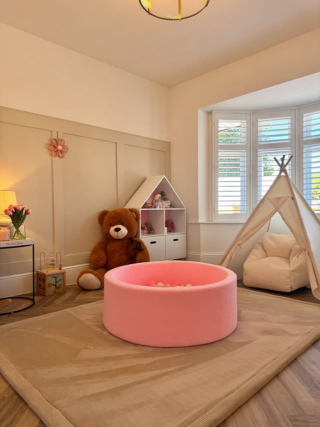 Instagram post by @inside.our.home.no15 for rucomfy beanbags. Caption reads: Playroom glow up 🧸 This room has had the sweetest....