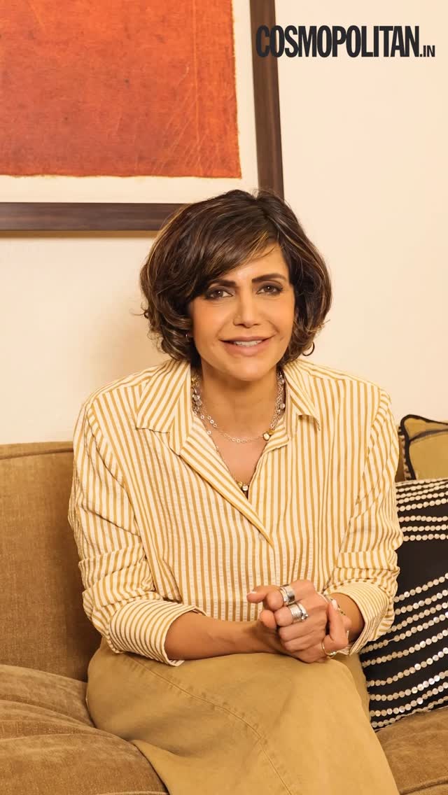 Instagram post by @mandirabedi for Cosmopolitan. Caption reads: Mandira Bedi (@mandirabedi) gets real about what....