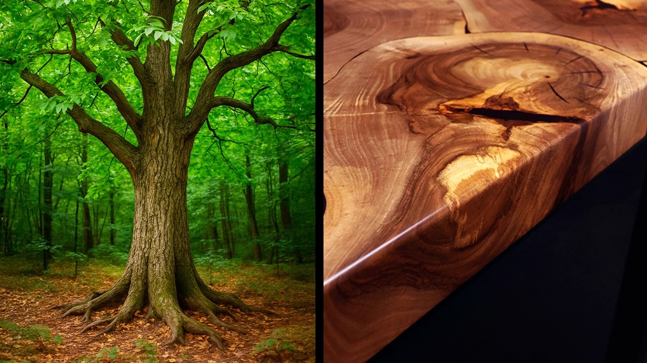 YouTube post by @marmotaworks for BetterHelp. Caption reads: I Bought a Whole Tree to Make my Nicest Table.