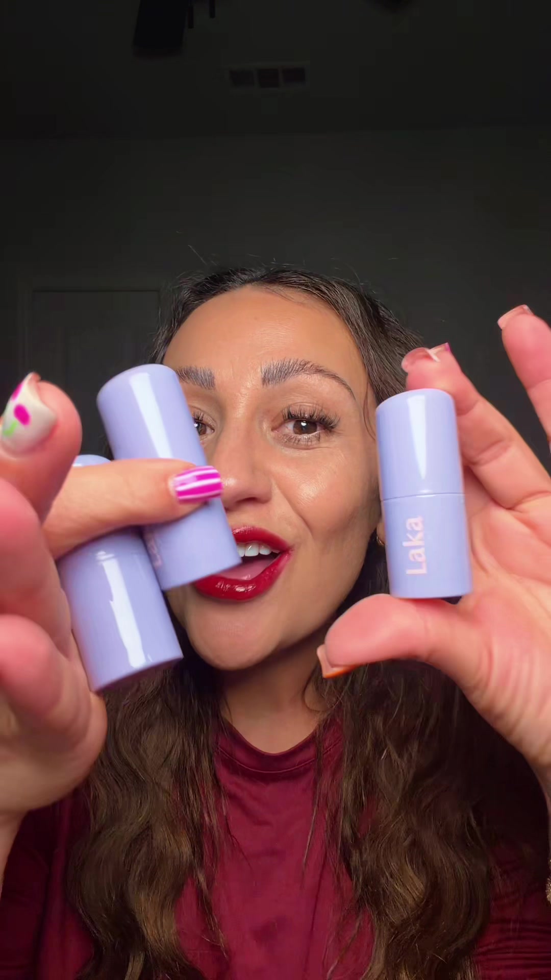 TikTok post by @lexilulu1 for LAKA. Caption reads: @Laka US #BlushBalm #MakeupOver40 #dfyd [...].