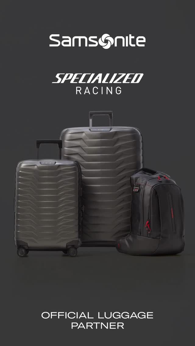 Instagram post by @specialized_factoryracing for SAMSONITE. Caption reads: Wherever the race takes them, the pros need gear....