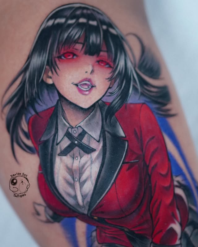 Instagram post by @davidesettattoos for EZ Tattoo Supply. Caption reads: Yumeko Jabami tattoo on @solrac.q9 
•
Sponsored....