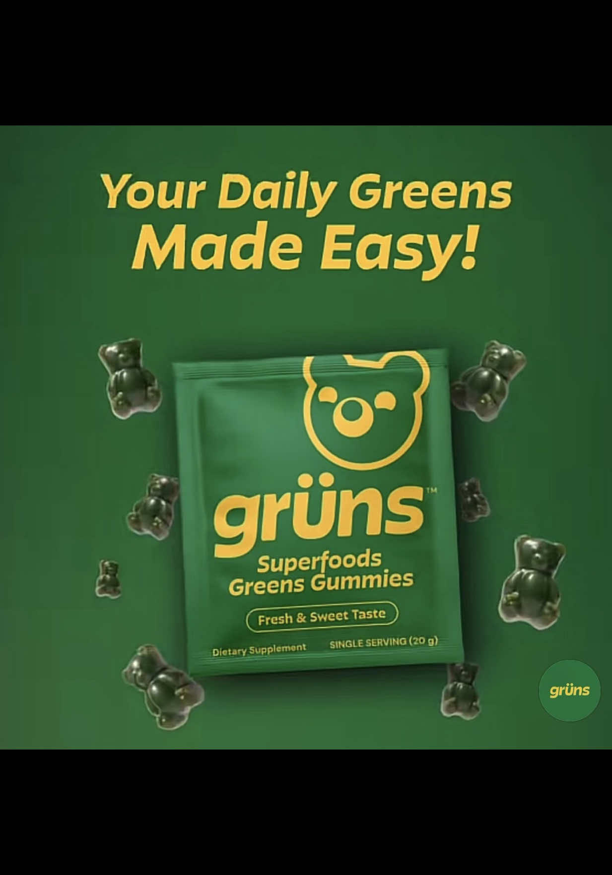 TikTok post by @ambipaul45 for Grüns. Caption reads: Grüns your Daily Greens @Grüns #gruns [...].