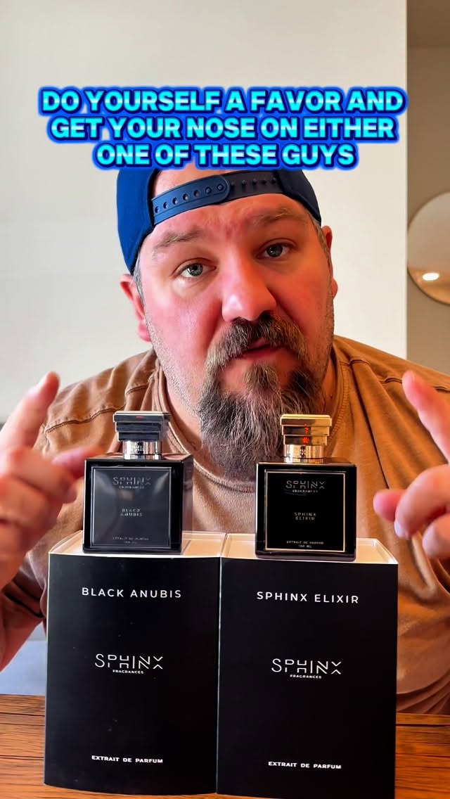 Instagram post by @russellreviews_ for Sphinx Fragrances. Caption reads: ⚜️ Two icons. One legacy. ⚜️
Unleash the mystery....