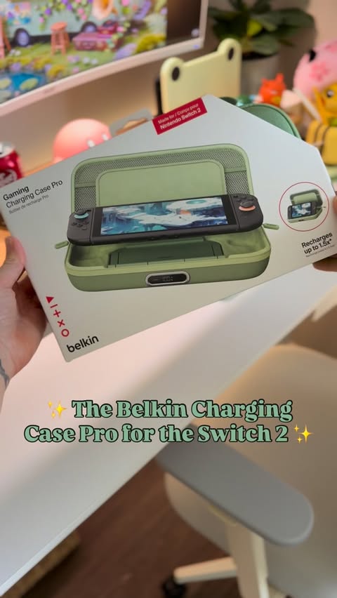 Instagram post by @heyyy_listengaming for Belkin. Caption reads: [...] charge your Switch 2 on the go?? Then....