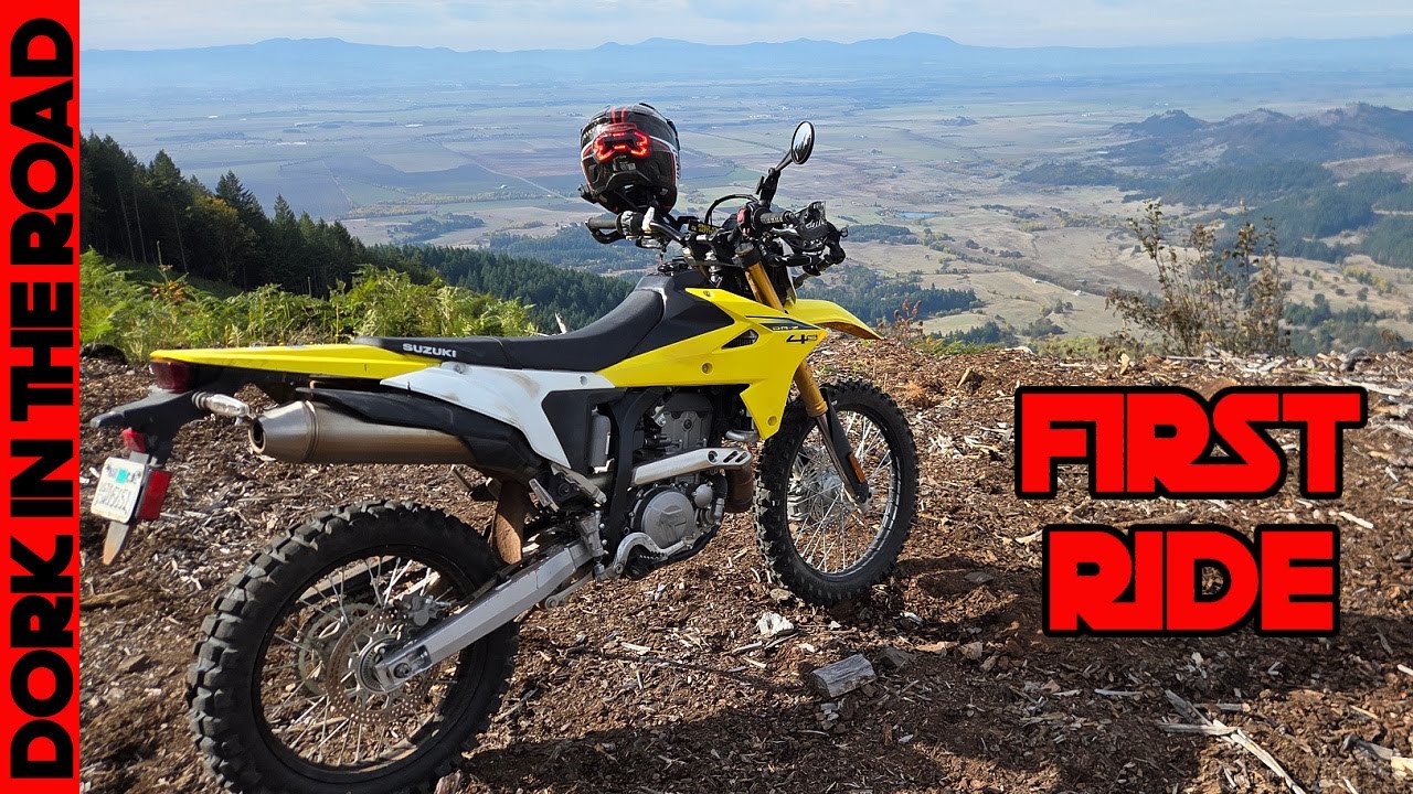 YouTube post by @DorkintheRoad for Flying Eyes Optics. Caption reads: 2025 Suzuki DR-Z4s First Ride (On and Off Road +....