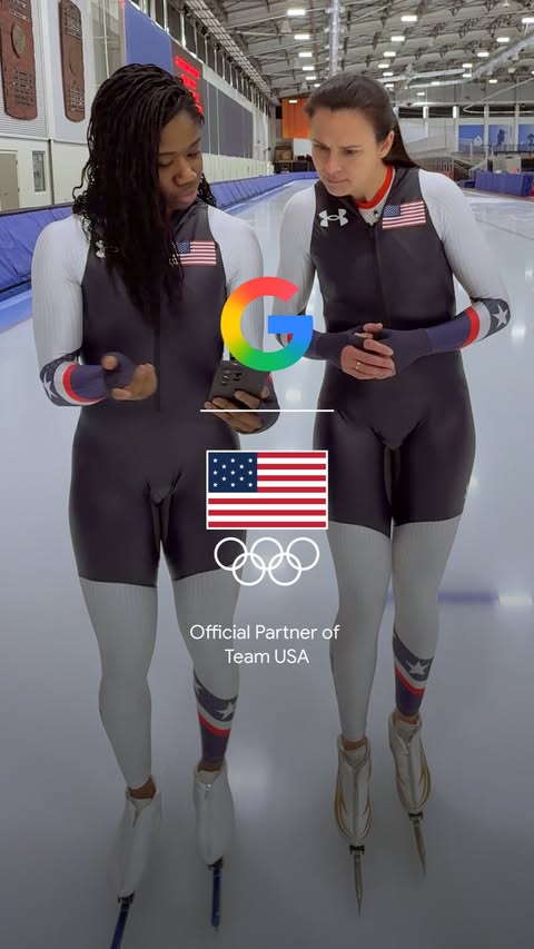 Instagram post by @speedyj for Google. Caption reads: [...] 🥌 vs. speed skating ice ⛸️? We asked Google....