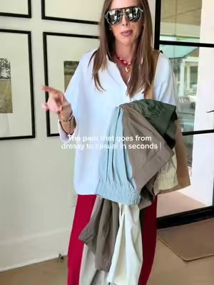 TikTok post by @sarahhensleyfinds for Songling Fashion. Caption reads: Still shouting these pants from the rooftops....