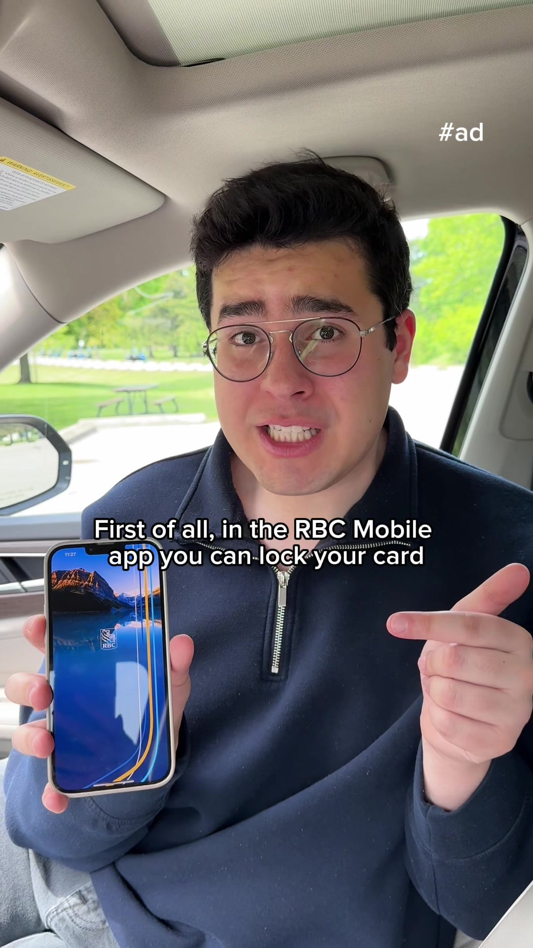 TikTok post by @snarkymarky for RBC. Caption reads: #ad Card lost or stolen? Don’t stress it, the @RBC....