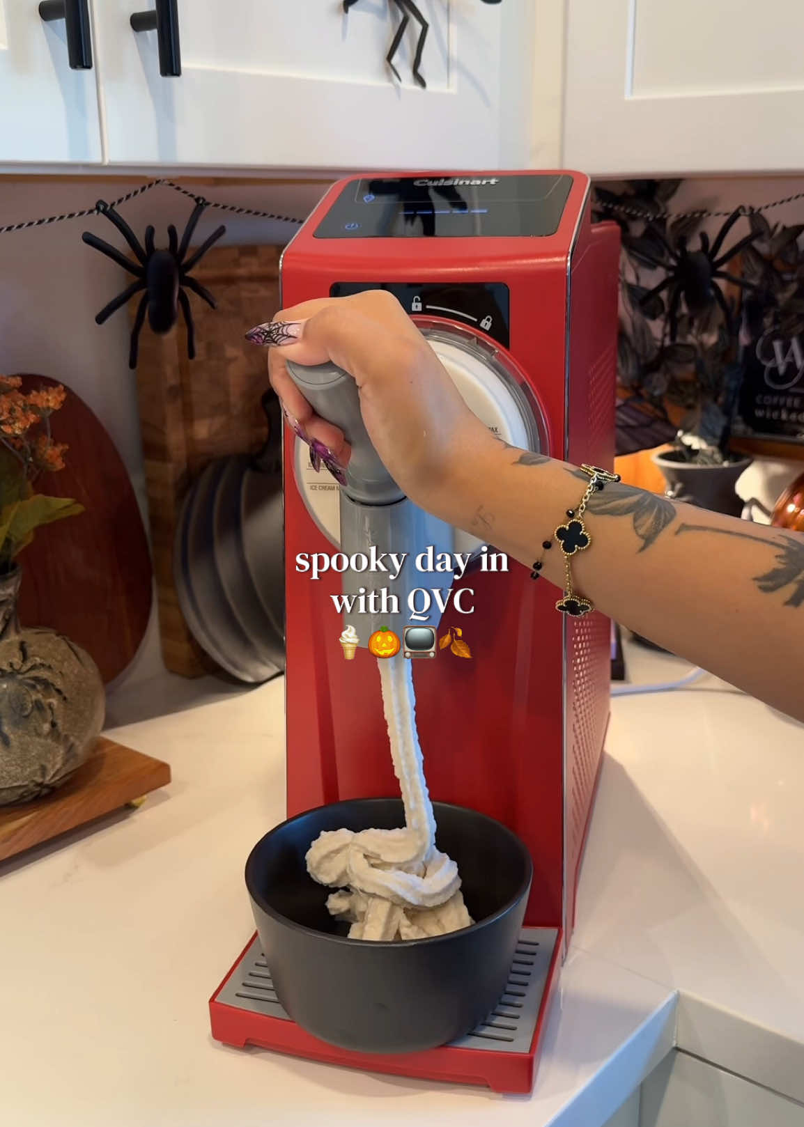 TikTok post by @thefighome for QVC. Caption reads: Spooky day in w/ QVC 🍦🎃 #QVCPartner @QVC, Inc is....