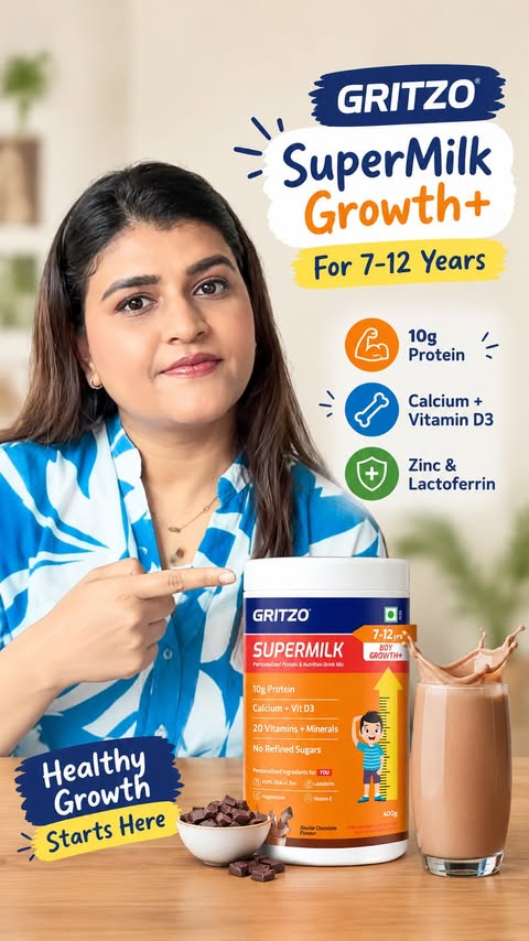 Instagram post by @shalinipatel.official for GRITZO. Caption reads: [...] chhe. Regular balanced diet sathe Gritzo....