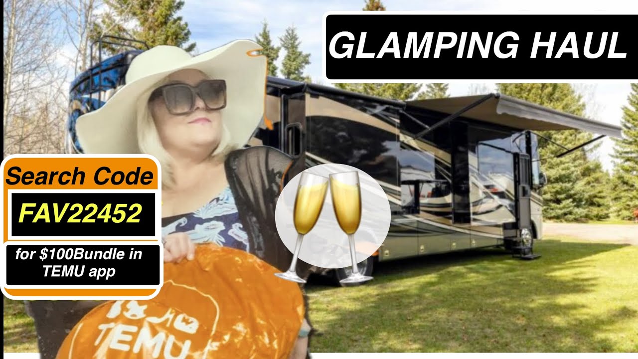 YouTube post by @KittyStreet17 for Click Discount. Caption reads: CAMPING 🏕️or GLAMPING? || TEMU OUTDOORS....