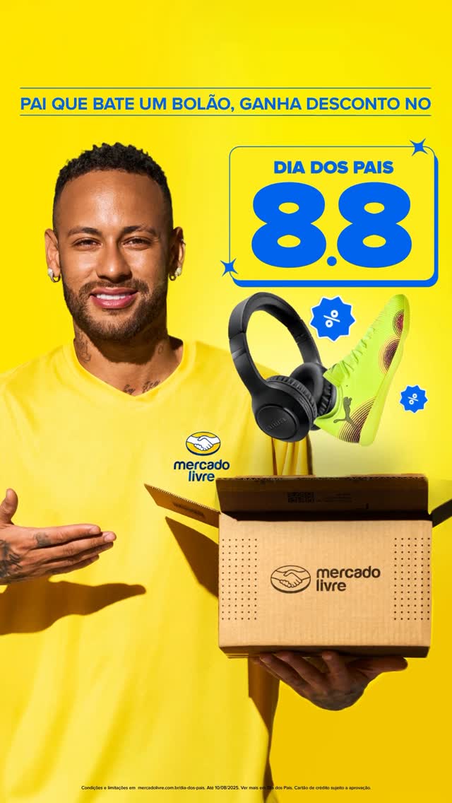 Instagram post by @neymarjr for Mercado Livre. Caption reads: Chegou o 8.8! Milhões de reais em cupons para você....